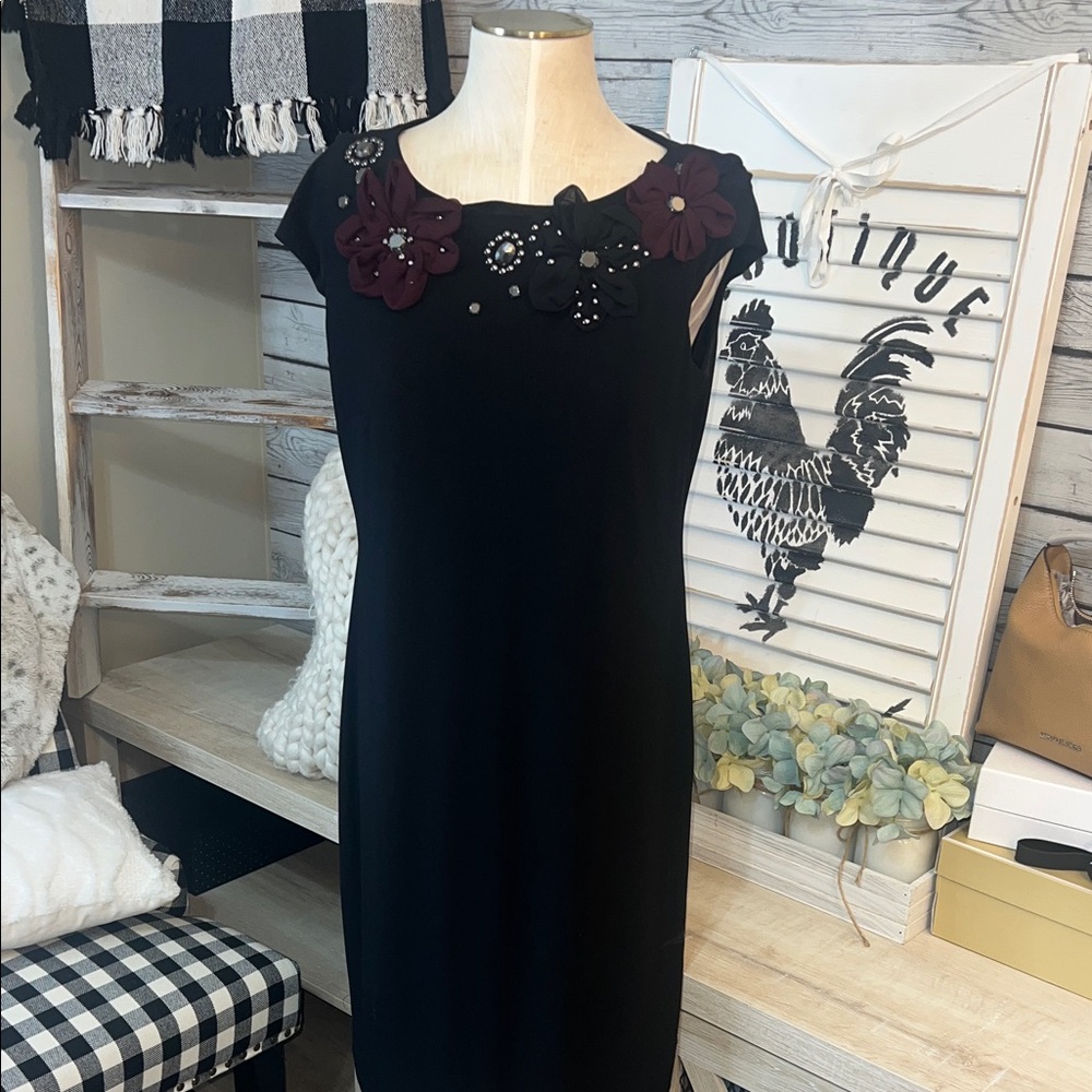 Chic Black Midi Dress with Floral Embellishments